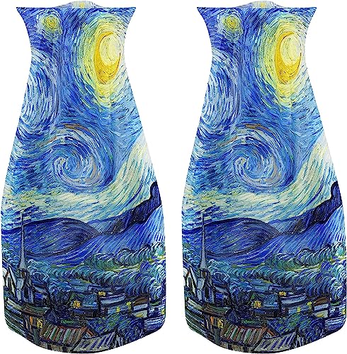 MODGY Expandable Flower Vase, Plastic Decorative Modern Foldable Printed Vases for Centerpieces for Wedding, Dining Table, Home Decor, Living Room, Bathroom, Starry Night, Vincent Van Gogh, 2 Pack - style: 2 Pack