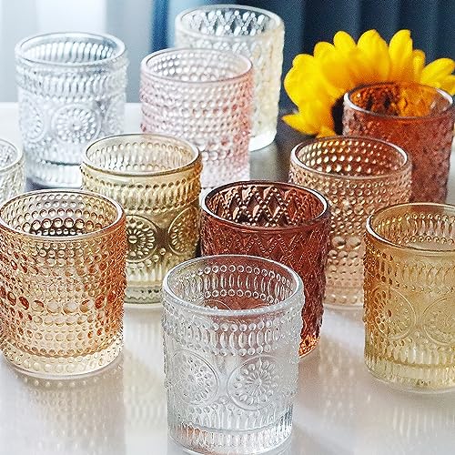 12 pcs Glass Votive Candle Holders, 6 Colors 3 Patterns Tealight Candle Holders for Fall Wedding Table Centerpiece Birthday Decoration - color: Multicolor