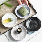 Chic Round Soap Dish, Modern Minimalist Striped Design Ceramic Tray(Black) - color: Black