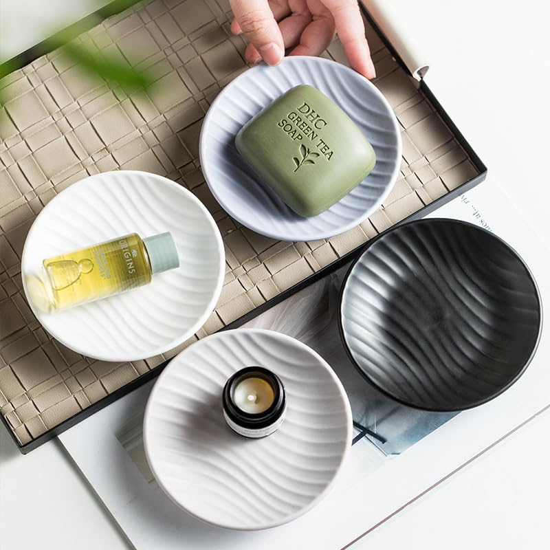Chic Round Soap Dish, Modern Minimalist Striped Design Ceramic Tray(White) - color: White