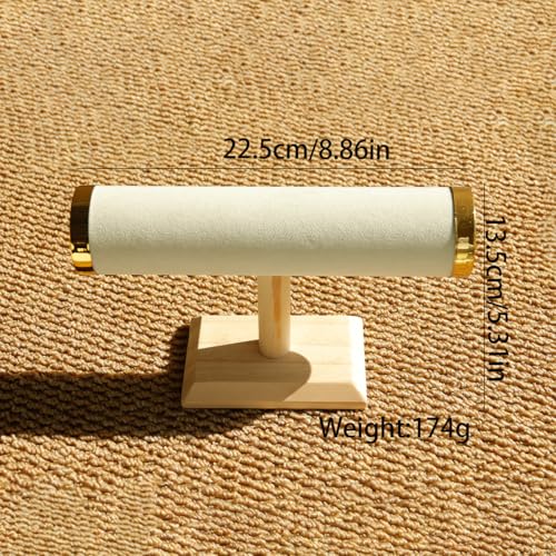 Jewelry Display T-Bar Stand – 9 inch Beige Textured Velvet Bracelet Holder with Gold Metal Ends, 1-Tier Jewelry Organizer with Natural Pine Base, Bangle & Watch Display for Retail & Vanity - color: Beige Textured Velvet