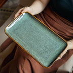 10 Inch Green Ceramic Rectangular Serving Platter, Reactive Glaze Serving Tray for Dinner, Appetizer, Sushi, Vanity Organizer, Perfume Tray, Microwave & Dishwasher Safe