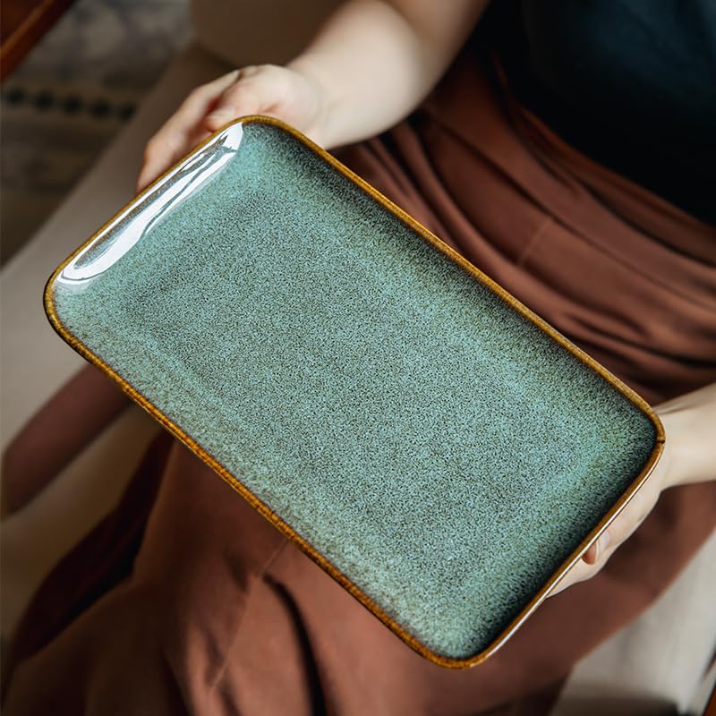 10 Inch Green Ceramic Rectangular Serving Platter, Reactive Glaze Serving Tray for Dinner, Appetizer, Sushi, Vanity Organizer, Perfume Tray, Microwave & Dishwasher Safe