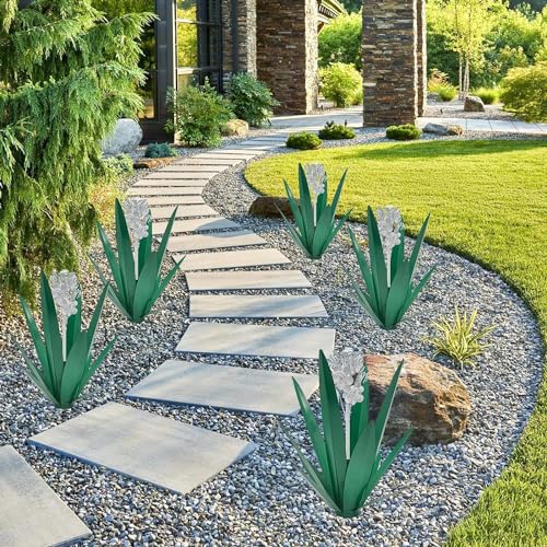 Metal Agave Plant Garden Art, 2 Pack Tequila Rustic Sculpture, Rustic Metal Agave Plants for Yard Stakes, Garden Figurines, Outdoor Patio (2 PCS White Flowers) - color: 2 Pcs White Flowers