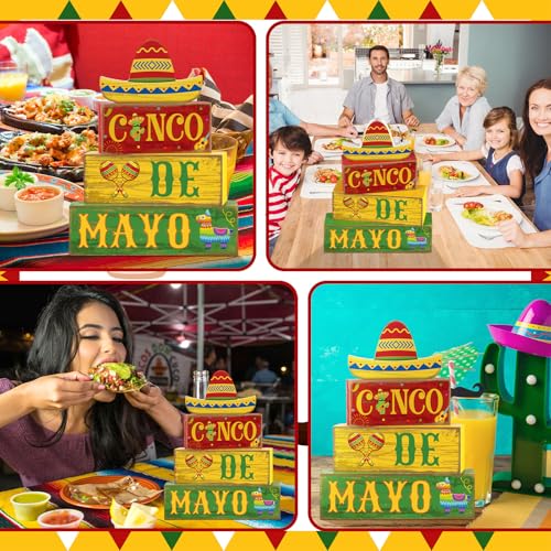 Yuntau 4 Pcs Cinco De Mayo Decorations Wooden Mexican Table Farmhouse Cinco De Mayo Tiered Tray Decor Fiesta Stacked Blocks Tabletop Decorative Book Mexican Centerpieces for Carnival Shelf Home - style: Cinco De Mayo