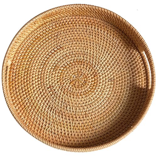 14" Round Rattan Tray, Hand Woven Serving Tray with Handles, Wicker Serving Basket, Decorative Tray for Home Decor, Natural - color: Natural, size: 14"