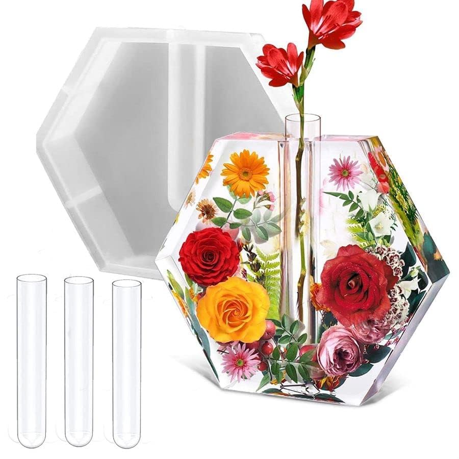 Large Hexagon Silicone Molds for Resin, Glossy Deep Epoxy Resin Molds 9" w/3 Test Tubes，3D Large Resin Molds for Flowers Preservation,Resin Art, DIY Wedding,Anniversary, Birthday Gifts, Home Decors - size: Hexagon