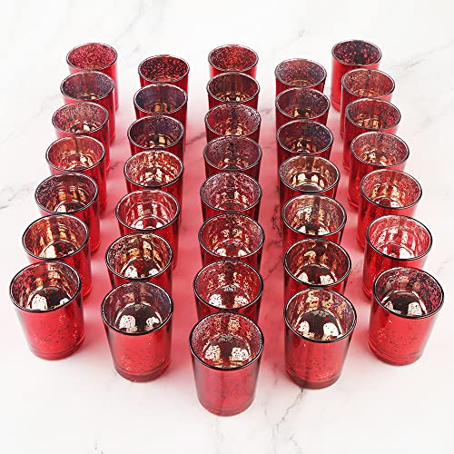 Red Mercury Glass Tea Light Holders Set of 36 - Elegant Votive Candle Holders for Weddings, Showers and Home Decor - Perfect for Table Centerpieces and Parties (Glass, Red) - color: Red