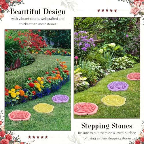 Cinnvoice 3 Pack Garden Stepping Stone Outdoor, Decorative Dimensional Resin Stepping Stones for Patio Pathway Landscaping Walkway Sculpture Yard Backyard Lawn(Rose,10 Inches) - size: 10 Inches, style: Rose