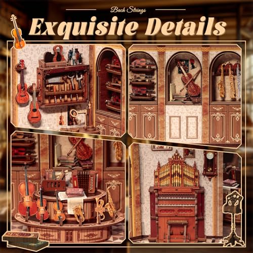 Fsolis Book Nook Kit - DIY Miniature House Kit for Adults, Bookshelf 3D Wooden Puzzles Booknook Music Tiny House Bookshelf Diorama Gifts for Women Readers Book Lovers (Bach Strings) - style: Bach Strings