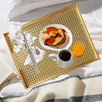 HofferRuffer Rectangle Serving Tray with Hole Handles for Coffee Table, Breakfast, Tea, Food, Butler - Countertop, Kitchen, Vanity Serve Tray, 16.2 x 12.2 x 2 inches, Faux Leather (Gold) - color: Gold, size: 16.2" x 12.2" x 2"