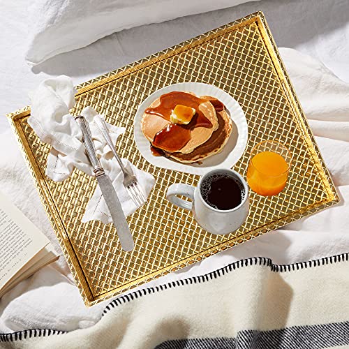HofferRuffer Rectangle Serving Tray with Hole Handles for Coffee Table, Breakfast, Tea, Food, Butler - Countertop, Kitchen, Vanity Serve Tray, 16.2 x 12.2 x 2 inches, Faux Leather (Gold) - color: Gold, size: 16.2" x 12.2" x 2"