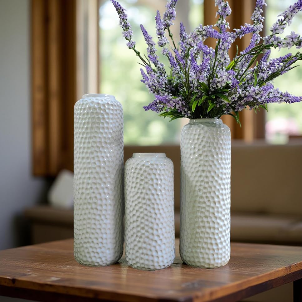 Hosley Set of 3 White Ceramic Honeycomb Vase Tall 12 Inch Medium 10 Inch Short 8 Inch High Each. Ideal Gift for Wedding Special Occasion Dried Floral Arrangements Home Office Spa - color: Honeycomb White
