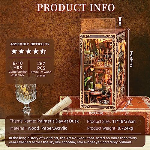 MiniCity DIY Book Nook Kit for Adults, 3D Wooden Puzzle Bookend Bookshelf Insert Decor with LED Light and Dust Cover (Painter's Day at Dusk) - style: Painter's Day at Dusk