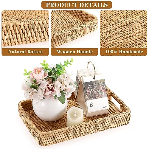 Hipiwe Rattan Serving Tray Hand Woven Tray with Handles Rattan Rectangular Basket Trays for Storage Breakfast Dessert Fruit Decorative Trays for Coffee Table, 11.8x7.9x1.8inch - color: Natural Color, size: 11.8" x 7.8" x 1.9"