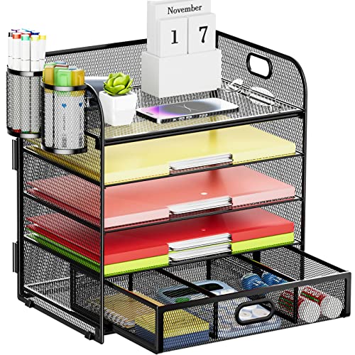 Lavatino 5 Tier Paper Organizer for Desk, Letter Tray with Drawer and 2 Pen Holders, Mesh File Sorter, Desktop Document Shelf Storage Organization Office School Home Black with Drawer - color: 5 Tier - Black