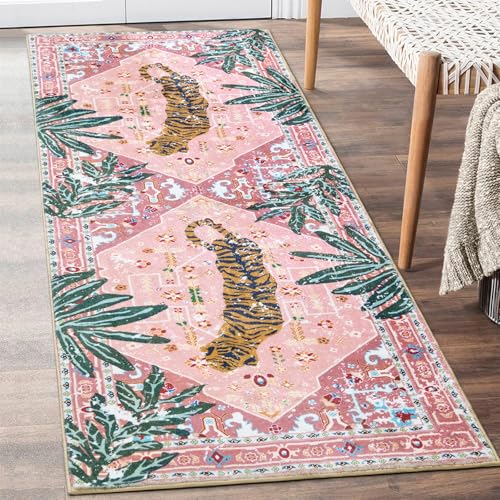 Oriental Tropical Hallway Runner Rug 2x6 Washable, Thin Stain Resistant Pink Boho Runner Rug for Entryway Kitchen Bedroom Laundry, Vintage Abstract Hippie Indian Botanical Long Floor Carpet - color: Pink, size: 2' x 6'
