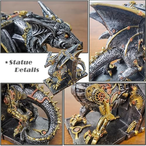 Large Steampunk Fantasy Dragon Statue, Decorative Bookends for Heavy Books, Unique Book Ends Decor for Shelves.