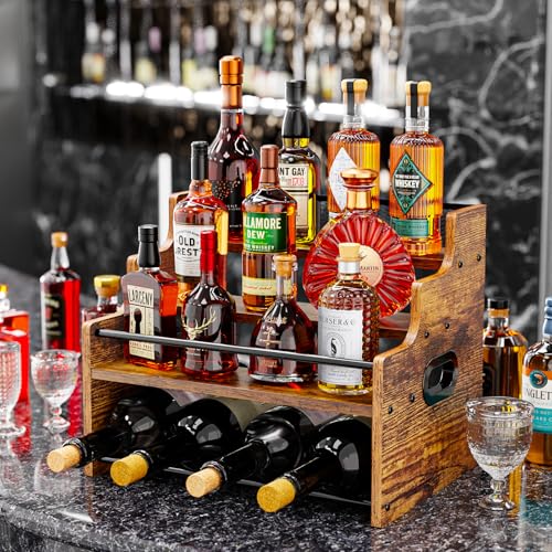 KLM 4-Tier Wood Display Shelf, Black Modern Bottle Organizer, Countertop Bar Stand for Liquor, Coffee Syrup, (Brown) - color: Brown