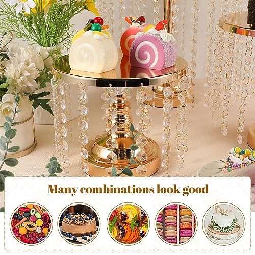 Bokon 6 Pcs Crystal Gold Cake Stand Round Dessert Cupcake Holder Metal Stand Table Cake Pedestal with Crystal Pendant and Wedding Bead Dessert Cupcake Pastry Display Plate for Wedding Birthday Party - color: Gold