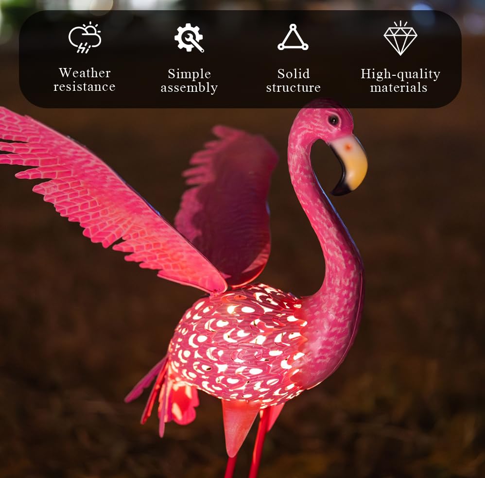 43" Metal Flamingo Garden Sculptures with Solar Light, Pink Flamingo Yard Art - Large Outdoor Lawn Ornaments & Decor for Patio, Backyard, Garden - size: 43Inch