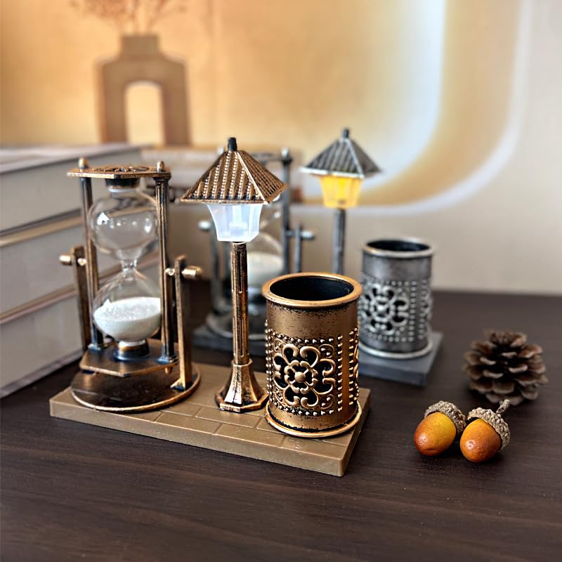 Vintage Style Desk Organizer Set with Hourglass Timer, Decorative Pen Holder, Bronze Finish, pen organizer for desk, vintage office decor, sand timers, desk organizer pen holder