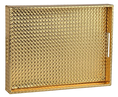 HofferRuffer Rectangle Serving Tray with Hole Handles for Coffee Table, Breakfast, Tea, Food, Butler - Countertop, Kitchen, Vanity Serve Tray, 16.2 x 12.2 x 2 inches, Faux Leather (Gold) - color: Gold, size: 16.2" x 12.2" x 2"