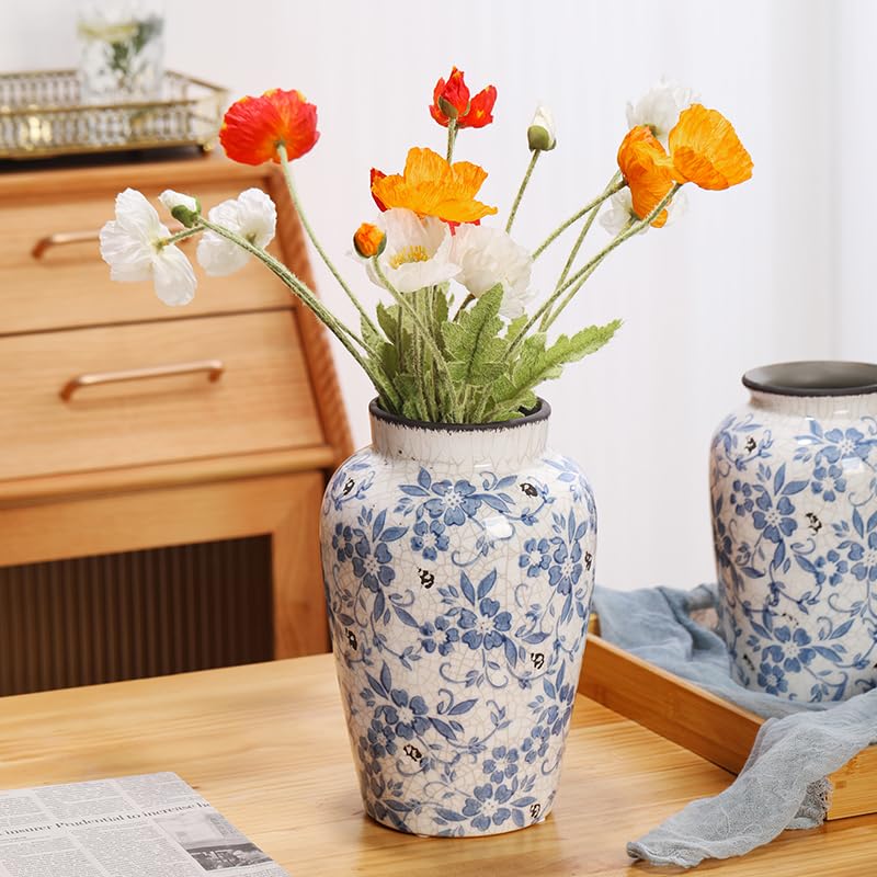 Denique Vintage Blue and White Porcelain Vase Ceramic Vase for Home Decor, Retro Crack Blue Flower Vase Pottery Vase Chinoiserie Decor Rustic (6.3x9.8inch) - size: 6.3x9.8inch