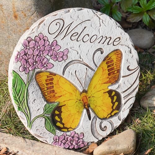 Garden Décor Stepping Stones Outdoor - Resin Butterfly Decorative Stone Bright Color Memories Pavers Outdoor for Garden Yard 9.5 * 9.5 * 0.5 Inch LC Lcdecohome - color: Yellow2