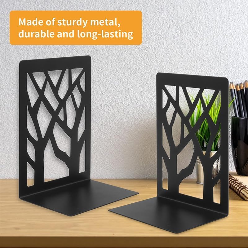 2 Pieces Black Book Ends for Shelves, Modern Tree Design Decorative Bookends, Non-Slip Heavy Duty Metal Book Stopper - 7 x 4.7 x 3.5”