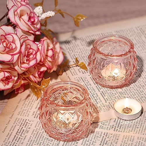 DARJEN Pink Votive Candle Holders Set of 24- Round Glass Candle Holders Bulk for Flameless LED Tea Waxes, Romantic Candle Holder for Wedding & Home Table Decor, Various Parties - color: Pink