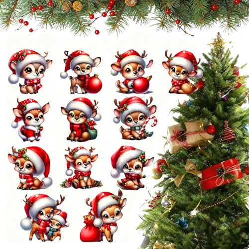 12 Pcs Cute Christmas Deer Hanging Ornaments Adorable Reindeer Figurines with Santa Hats & Festive Elements Acrylic Hanging Decor for Xmas Tree Christmas Holiday Party Home Decor Accessories - color: Style 5