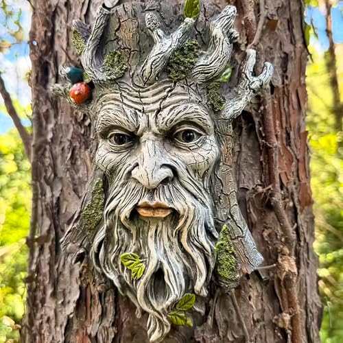 Teaeeno Whimsical Tree Face Garden Decoration, 11.8 in Tree Faces Decor Outdoor Wallmounted Statue Art with Leaf Features, Outdoor Decor Garden Accessory (Outdoors and Nature) - color: White