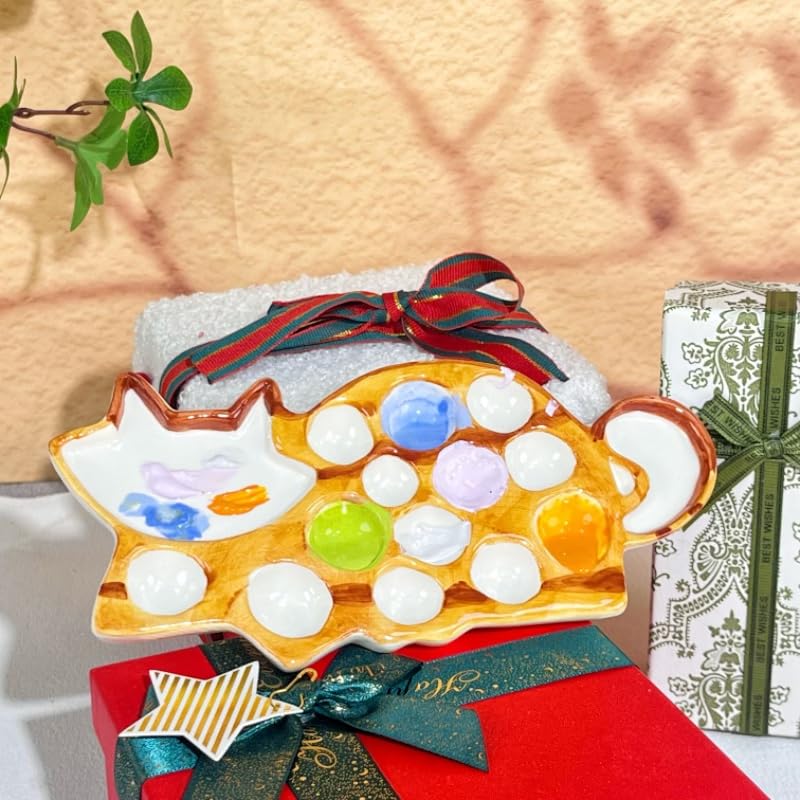 Ceramic Palette - Cat Shaped Painting Tray with Mixing Zones & Individual Wells, Durable Ceramic Artist Palette for Watercolor, Gouache - Painting Gift