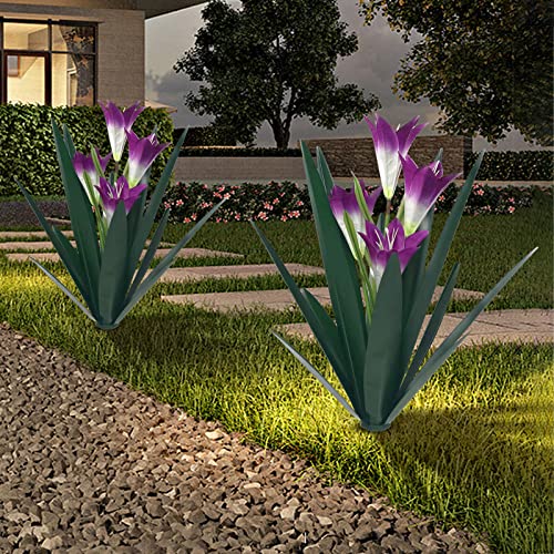 Homight Metal Agave Plant Outdoor Decoration Lily Mexican Yard Art Garden Gift Home Decor Hand Painted Metal Agave Garden Yard Statue, Outdoor Lawn Ornaments (2 Big Purple Lilies) - color: 2 Big Purple Lilies