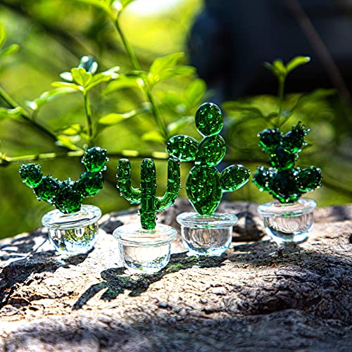 H&D HYALINE & DORA 4pcs Handmade Glass Blown Cactus Cute Crystal Art Cactus Figurines Collectibles Desk Tabletop Simulation Plants Decorations - color: Green