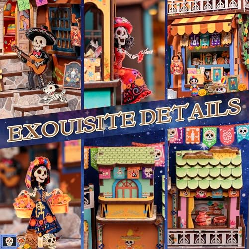 Cutefun Book Nook Kits for Adults Mexican Art and Culture, DIY Miniature Dollhouse Kit for Bookshelf Insert Decor with LED, 3D Wooden Puzzle Booknook for Teens Creative Gifts (Plaza de Los Muertos) - style: Plaza de Los Muertos