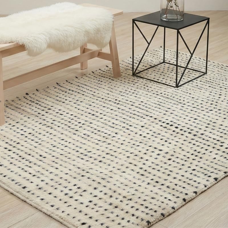 Art Object Handknotted Wool Area Rug Multi Sizes Ivory Polka Dot Pattern Hand Woven Carpet for Living Room Bedroom - Soft Pile Pet Friendly Home Decor Made in India - size: 5' x 3' (Rectangular)