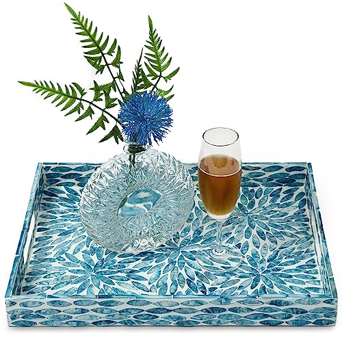 CLAYNIX Serving Tray 15.7" X11.8", Lacquer Mother of Pearl Inlay Mosaic Tray, Rectangle Wooden Marble Tray with Handles Trays for Tea, Breakfast in Bed, Table (Flower Style) - color: Flower Style
