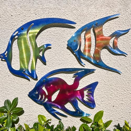LiveInUrban Coastal Wall Art Angelfish Metal Wall Sculptures, Ocean Beach Themed Metal Hanging Home Decoration 3PCS 9.9"x7.8" - color: angelfish