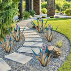 Metal Agave Plant Garden Art, 2 Pack Tequila Rustic Sculpture, Rustic Metal Agave Plants Lawn Home Ornaments, for Yard Stakes, Garden Figurines, Outdoor Patio (2 PCS Purple Flowers) - color: 2 Pcs Purple Flowers