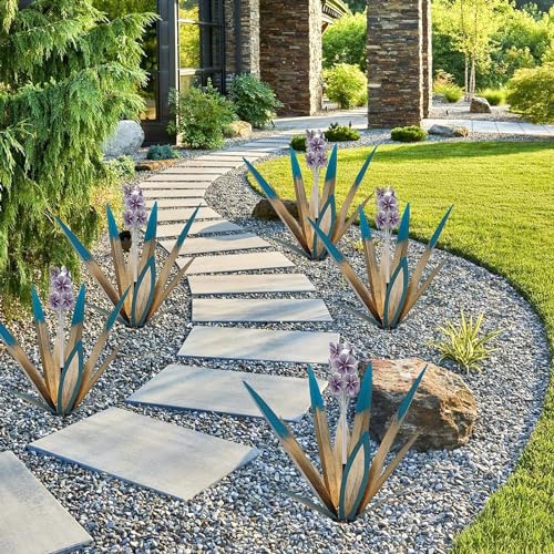 Metal Agave Plant Garden Art, 2 Pack Tequila Rustic Sculpture, Rustic Metal Agave Plants Lawn Home Ornaments, for Yard Stakes, Garden Figurines, Outdoor Patio (2 PCS Purple Flowers) - color: 2 Pcs Purple Flowers