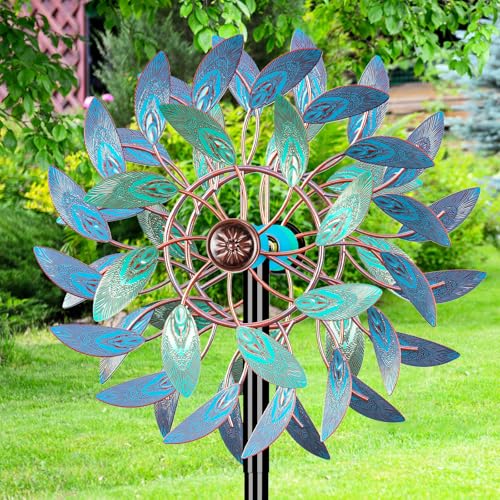 66 Inch Metal Outdoor Wind Spinner, 2-Way Wind Sculpture Spinner with Metal Stake, Waterproof 360 Degrees Kinetic Windmill Art Decoration for Patio Garden Lawn (A- Vintage Blue) - color: A- Vintage Blue