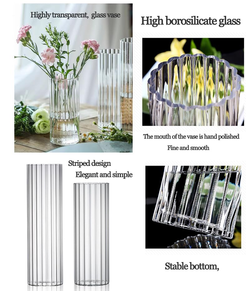 10 inch Clear Glass Flower Vases,Ribbed Vase for Centerpiece Table Home Indoor Desk Decor, Modern Boho Style Vase for Wedding House Gift - color: Large Clear