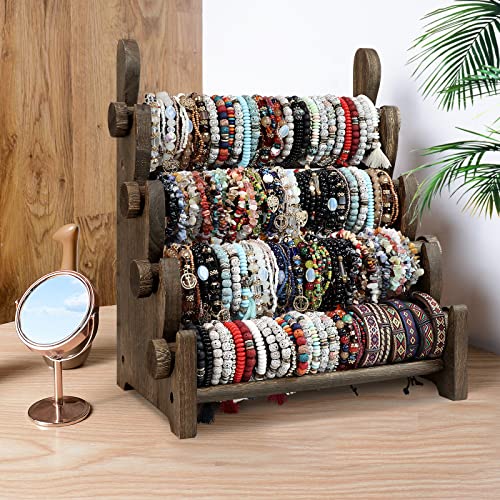 TOPNEW 4 Tier Wooden Bracelet Holder, Scrunchie Bangle Watch Necklace Display Storage Jewelry Holder Stand Display Organizer, Brown - color: 4 Tier Brown