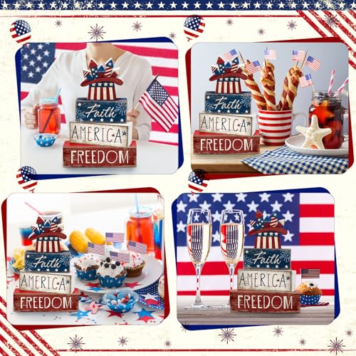 CroBlissful 4 Pcs 4th of July Decorations Patriotic Memorial Day Tabletop Decorations Red White Blue Table Centerpieces Sign for Office Tiered Tray Home Shelf 250th Anniversary(Independence Day Hat) - style: Independence Day Hat