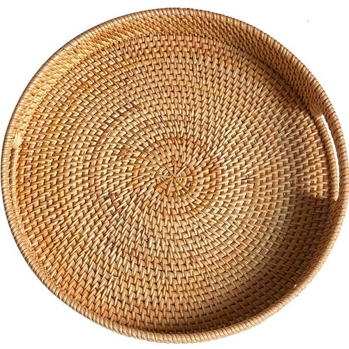 16.9" Round Rattan Tray, Hand Woven Serving Tray with Handles, Wicker Serving Basket, Decorative Tray for Home Decor, Natural - color: Natural, size: 16.9"
