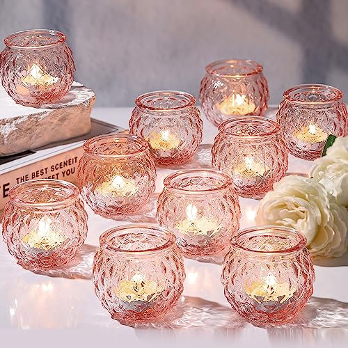 DARJEN Pink Votive Candle Holders Set of 24- Round Glass Candle Holders Bulk for Flameless LED Tea Waxes, Romantic Candle Holder for Wedding & Home Table Decor, Various Parties - color: Pink