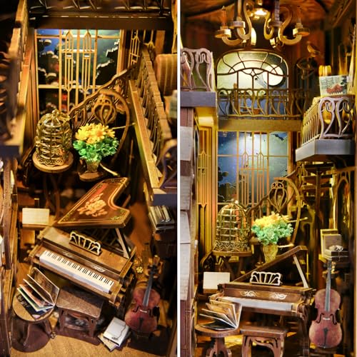 MiniCity DIY Book Nook Kit for Adults, 3D Wooden Puzzle Bookend Bookshelf Insert Decor with LED Light and Dust Cover (Pianist with Nightingale) - style: Pianist with Nightingale
