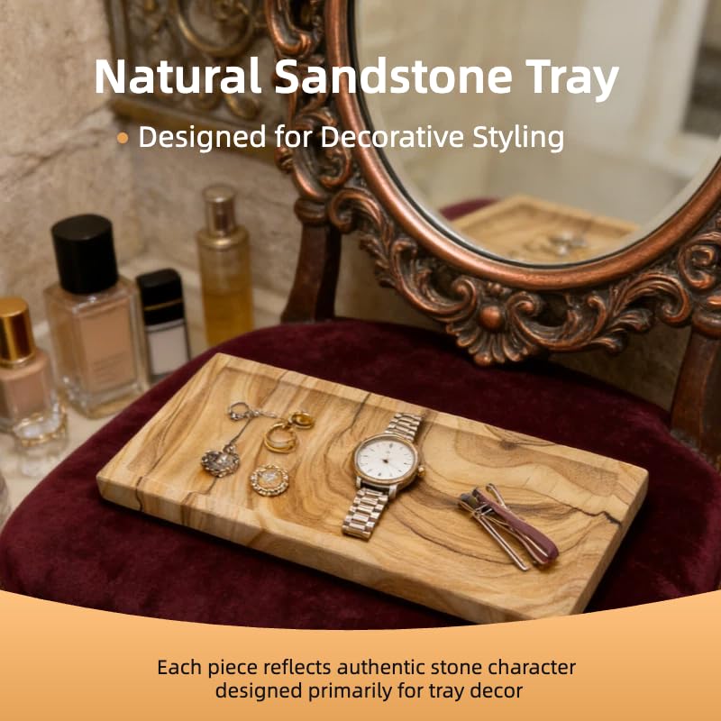 Sandstone Decorative Tray, Small Natural Stone Rectangular Vanity Tray for Dresser & Coffee Table, Minimalist Home Decor Stone Tray